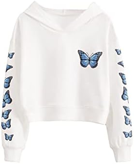 Oyoangle fetei Fluture Imprimat cu mânecă lungă Drop umărul pulovere cu glugă cu glugă de top tricou tricou
