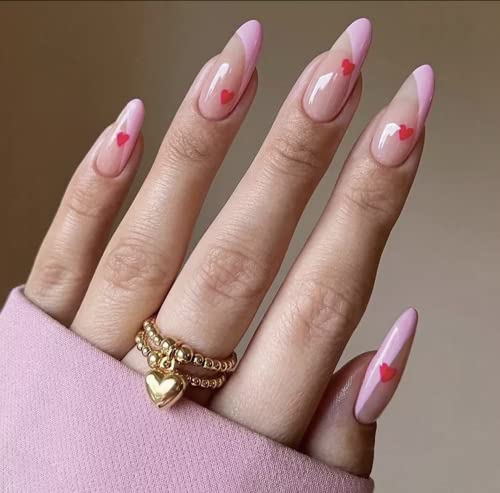 Glamour 24 buc-12 dimensiuni presă acrilică pe unghii scurt mediu, lipici de migdale pe unghii pentru femei inimioare roz și
