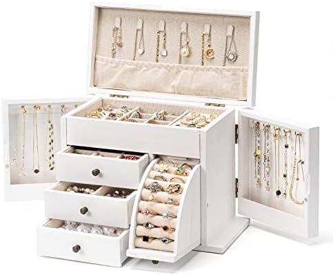 Organizator de cutii de bijuterii Poyilooo, cutii de bijuterii din lemn solid pentru femei pentru depozitare și afișare Colier