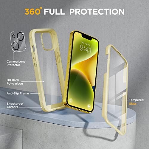 Seria de sticlă Miracase Proiectată pentru iPhone 14 plus carcasă de 6,7 inci, 2022 Upgrade carcasă cu bara de protecție clară cu corp complet, cu protector de ecran de sticlă temperat încorporat și protector pentru lentile pentru cameră, galben cremos