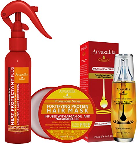 Arvazallia Heat Protectant, Protein Hair Mask și Premium Argan Oil Hair Treatment Bundle - cele mai bune tratamente de îngrijire a părului pentru protejarea, prevenirea și repararea daunelor cauzate de căldură