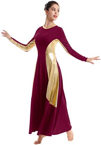 Ibakom Womens Laud Liturgic Dance Hears cu mâneci lungi rochie de dans metalică Gold Loose Fit pe toată lungimea Tunică Costum