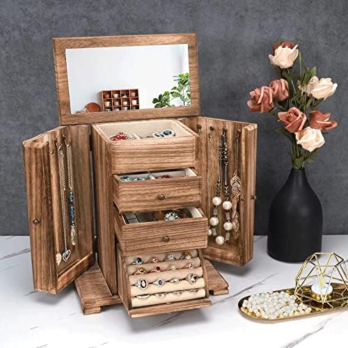 Jinzunbao cutie de bijuterii din lemn, cutie mare de organizator cu 5 straturi cu oglindă și 4 sertare pentru inele, cercei,