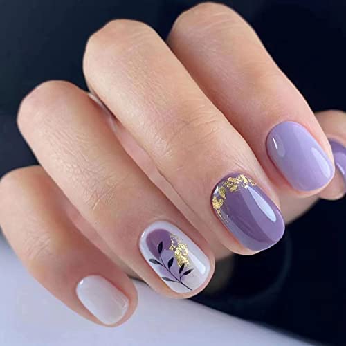 Lipici pe unghii Retro albastru violet sicriu unghii apăsați pe unghii franceză frunze de aur scurt pătrat unghii false acoperire