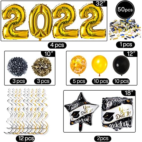 Baloane de absolvire PartyWoo, 50 buc Baloane de absolvire 2022, baloane cu număr auriu, vârtej suspendat, pompe de hârtie,