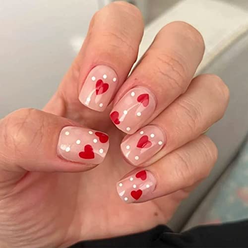 Valentine ' s Press pe unghii scurt Franceză inima rosie puncte albe Unghii False design lucios artificiale pătrat unghii lipici