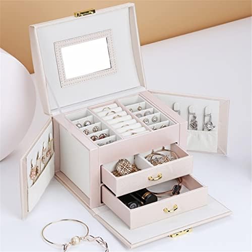 Jydqm cutie de bijuterii de depozitare pe trei niveluri cu oglindă cutie de depozitare portabilă Cercei Stud inel cutie de