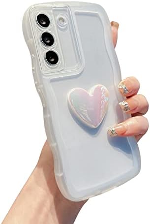 Lyqzdt compatibil cu carcasa Samsung Galaxy S22, Cute Case 3D Love Heart Case, Fashion Curly Wave Matte Clear Frame Edge Case