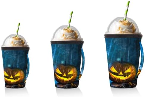 Halloween Pumpkin Lantern 27 Mânecă de cafea glazurată reutilizabilă cu mâner de ceașcă de neopren pentru sodă, latte, ceai,