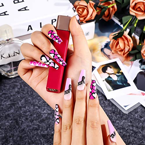 Long Fake Fake Patch Press On Nails Pink With In Heart and Love Designs Silff unghii false Acoperire completă Lungime Lung