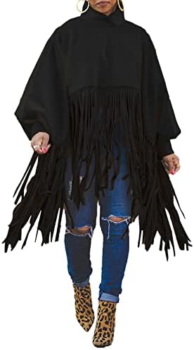 Clubsqueen pentru femei hanorac cu franjuri înalte, plus dimensiune color solid Turtleneck top cowgirl cu mânecă lungă jachetă pulovere
