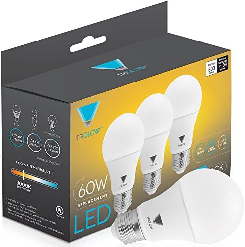 Becuri LED Triglow 60 Watt echivalent A19 bec LED moale alb 800 Lumen, Non-Dimmable, 3-Pack