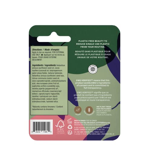 Balsam de buze fără plastic ATTITUDE, ingrediente verificate pe bază de plante și minerale EWG, produse de îngrijire personală