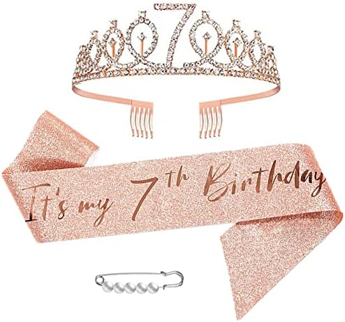 7th Birthday Sash Tiara și coroane pentru fete, ziua de naștere Regina Rose Gold Tiara, Princess Tiara Stras Headbands cu piepteni