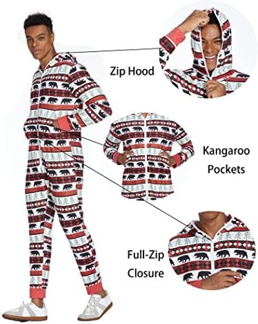 Coofandy Men's Fair Isle Print Christmas Onesie salopetă cu glugă cu glugă Pijamale cu zip complet cu buzunare m