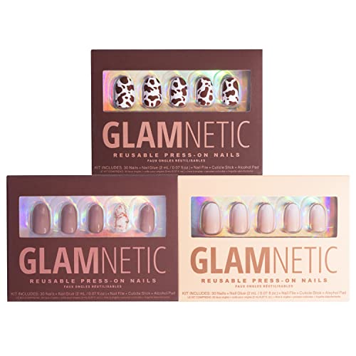 Glamnetic Press on Nails-lapte de ciocolată, Trufe de aur, & amp; Creamer / UV Finish unghii reutilizabile rotunde scurte