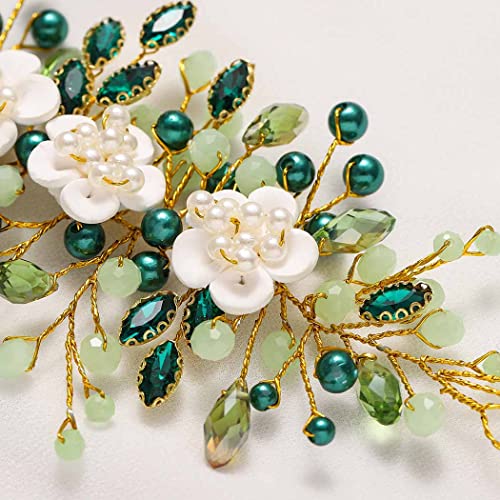 CASDRE Verde Stras Mireasa Nunta caciula aur perla mireasa păr accesorii floare păr bucată cristal păr viță de vie pentru femei