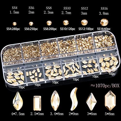 Șampanie cu unghii de cristal de aur 1070pcs din spate spate 3d pietre de sticlă rotunde margele rotunde multi formă de diamante scânteie bijuterii rinone pentru livrări de unghii pantofi machiaj meșteșuguri decor