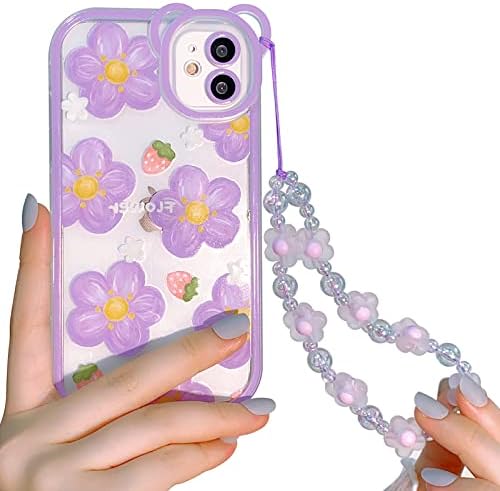 Nitop compatibil pentru iPhone 11 Carcasă Clear drăguț floral Floral cu lanț pentru fete pentru femei Model TPU TPU SHOCKPROOF Protective Girly pentru iPhone 11-Purple Flower