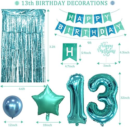MEIWUTIE 13th Birthday decoratiuni pentru fete, Teal Happy Birthday Banner Menta verde folie baloane tort Topper pentru Tiffany albastru Teenerger Aniversare Baby Shower sub mare turcoaz argint Petrecere